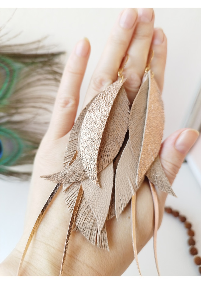beige antique gold long feathers earrings genuine leather jewelry  