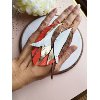 Leather feather earrings, orange white gold. 