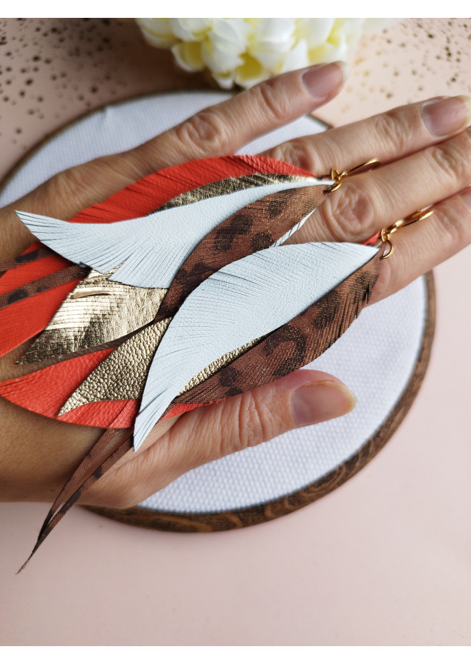 long leather feather earrings genuine leather jewelry brown white 