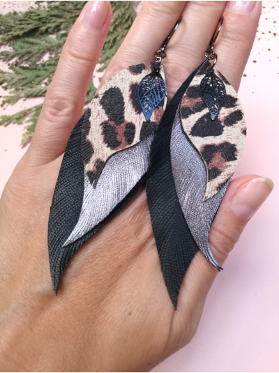 Leopard black leather feather earrings,  handmade genuine leather jewelry.