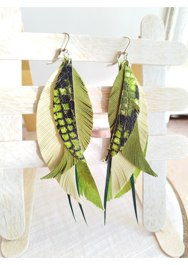  green yellow long feathers earrings genuine leather jewelry  