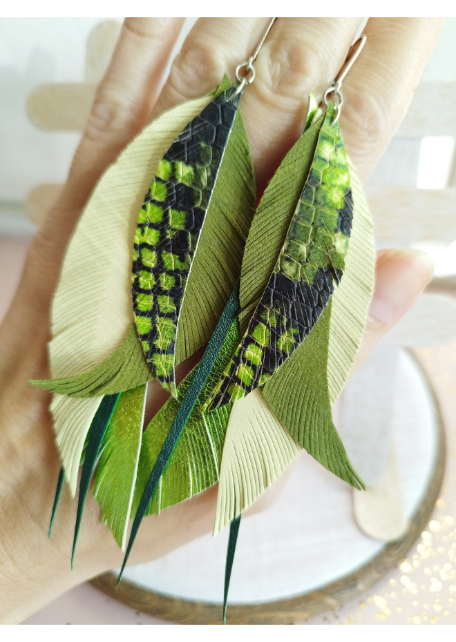  green yellow long feathers earrings genuine leather jewelry  