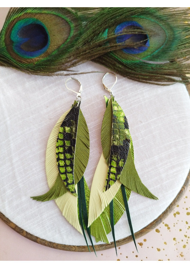  green yellow long feathers earrings genuine leather jewelry  
