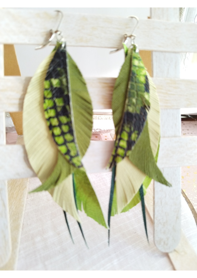  green yellow long feathers earrings genuine leather jewelry  