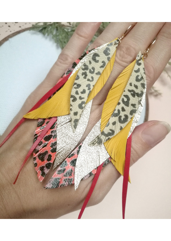 long leather feather earrings genuine leather jewelry leopard red yellow