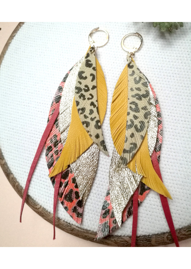 long leather feather earrings genuine leather jewelry leopard red yellow