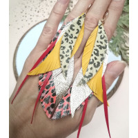 Animal print multi color feathers earrings genuine leather jewelry 