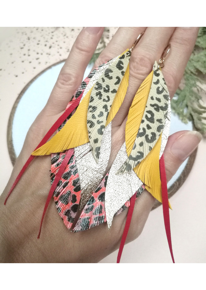 long leather feather earrings genuine leather jewelry leopard red yellow