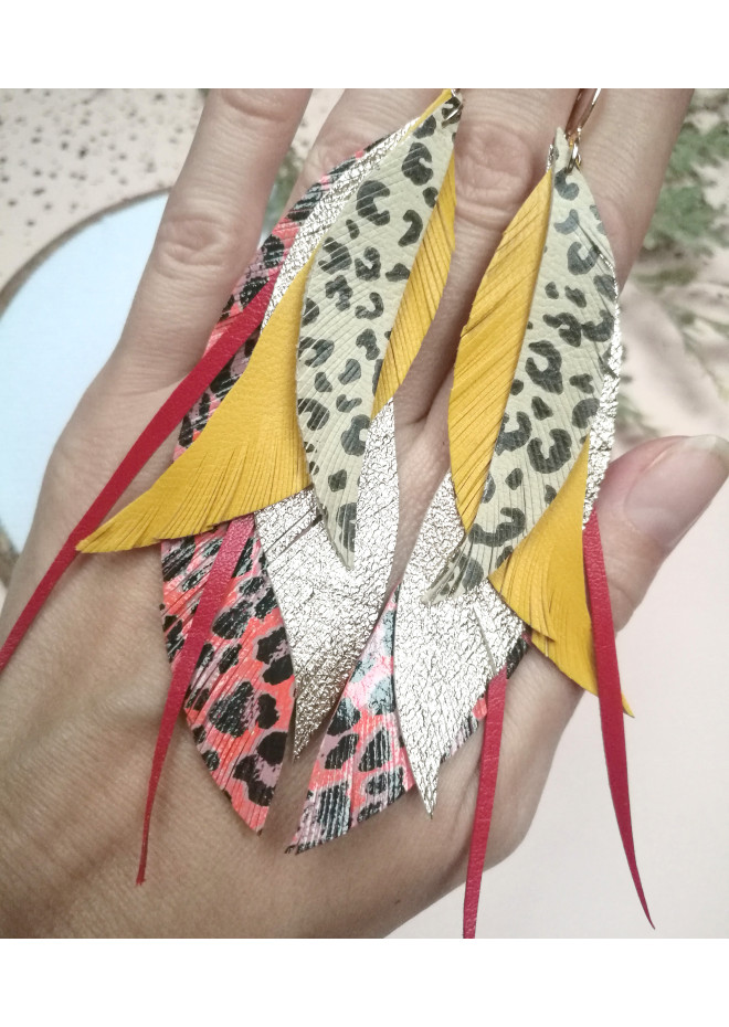 long leather feather earrings genuine leather jewelry leopard red yellow