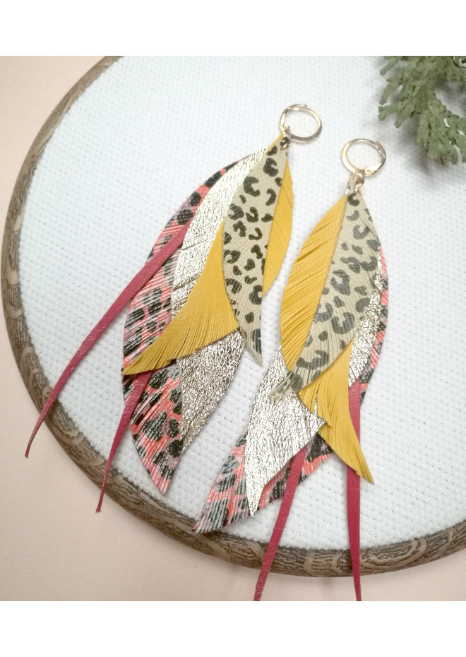 long leather feather earrings genuine leather jewelry leopard red yellow