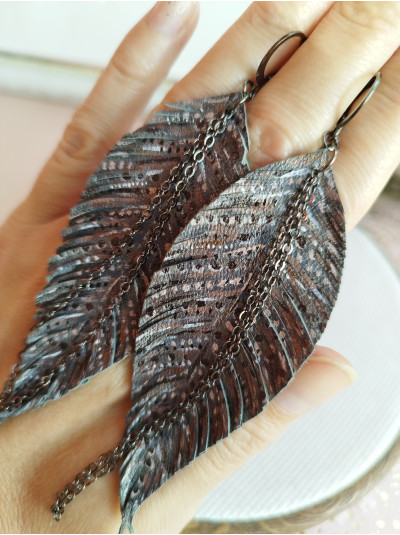 Hand painted gray long feather earrings genuine handmade leather jewelry 