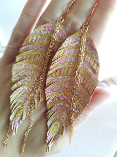 Hand painted caramel leather feather earrings. 