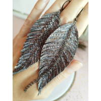Hand painted gray long feather earrings genuine handmade leather jewelry 