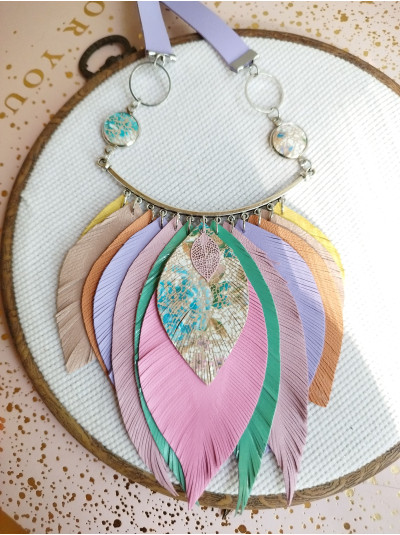 Multi color pink leather feather necklace, bib evening jewelry 
