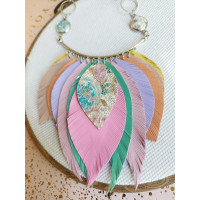 Multi color pink leather feather necklace, bib evening jewelry 