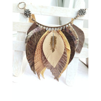 Brown beige leather feather necklace, bib evening jewelry 