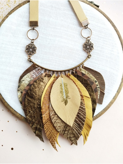 Brown beige leather feather necklace, bib evening jewelry 