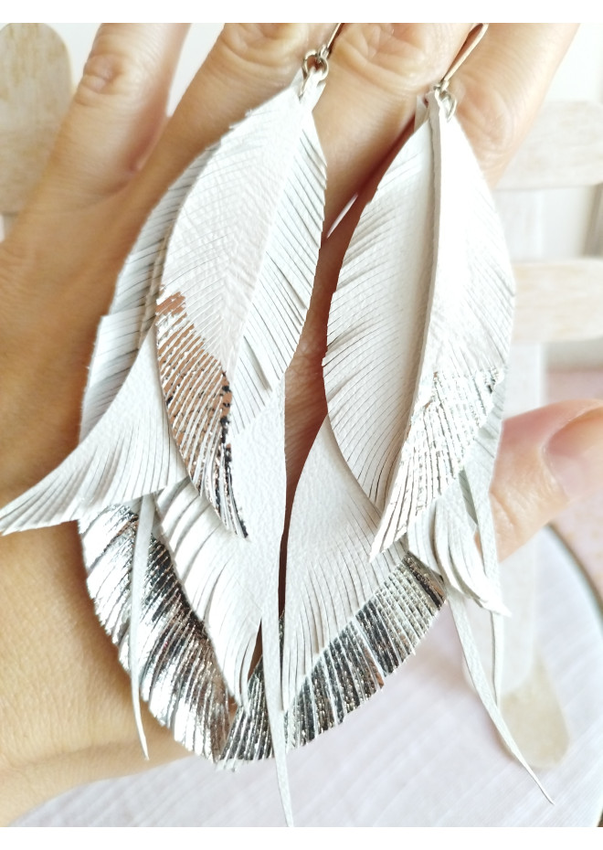  long feathers earrings genuine leather jewelry white silver 