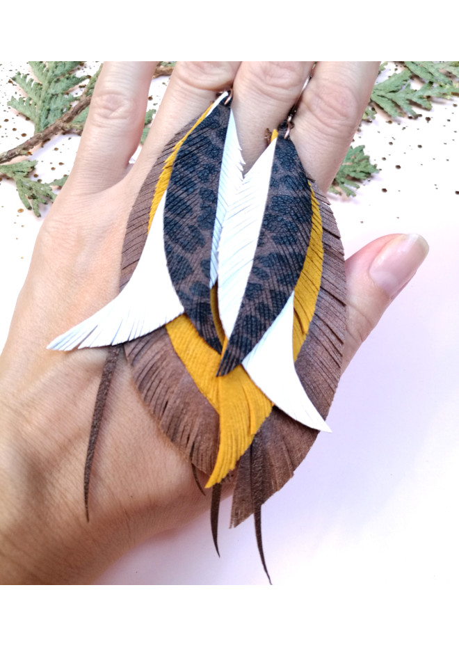  long leather feather earrings genuine leather jewelry brown yellow