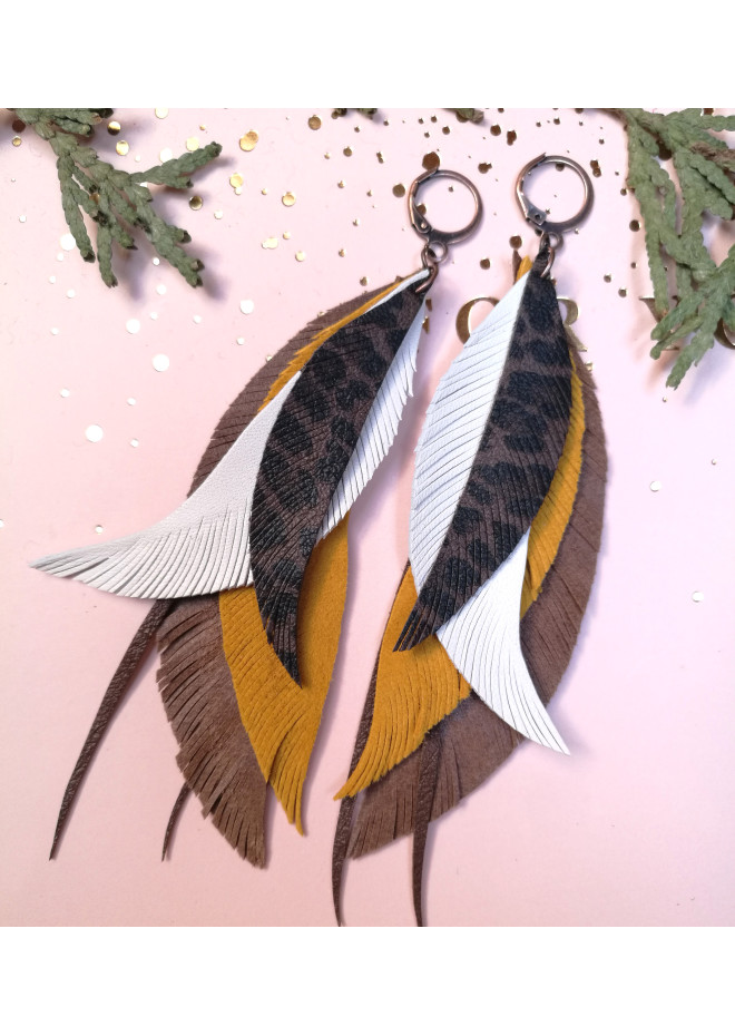  long leather feather earrings genuine leather jewelry brown yellow