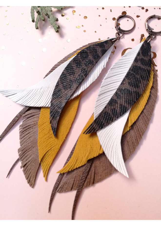  long leather feather earrings genuine leather jewelry brown yellow