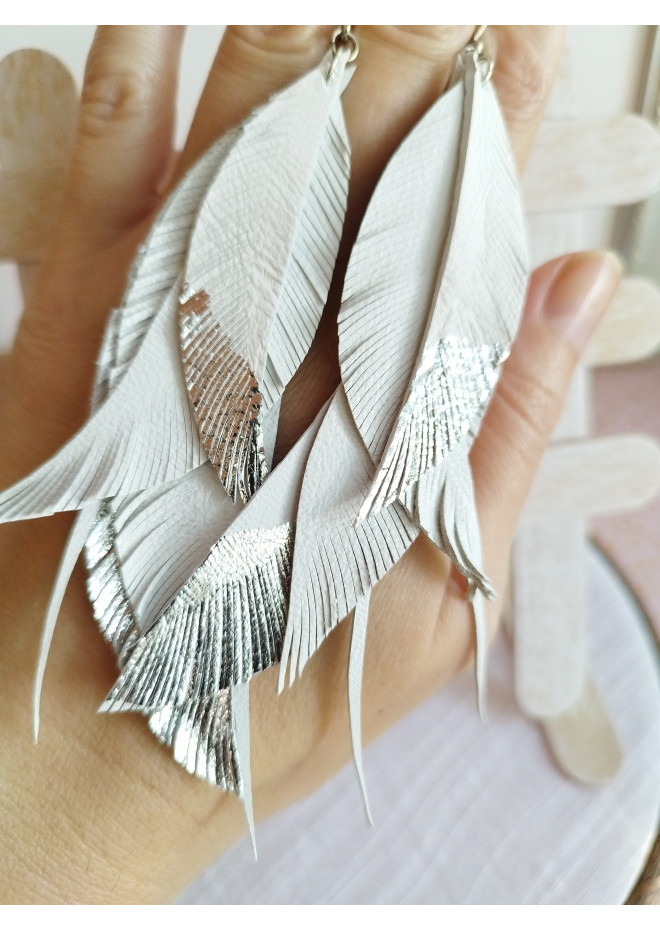  long feathers earrings genuine leather jewelry white silver 