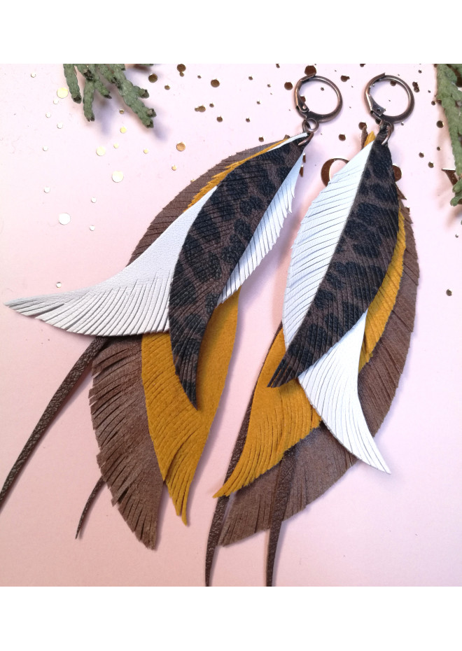  long leather feather earrings genuine leather jewelry brown yellow