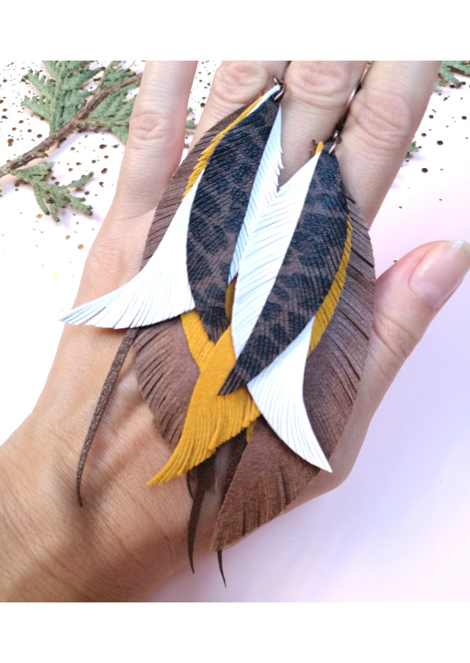  long leather feather earrings genuine leather jewelry brown yellow
