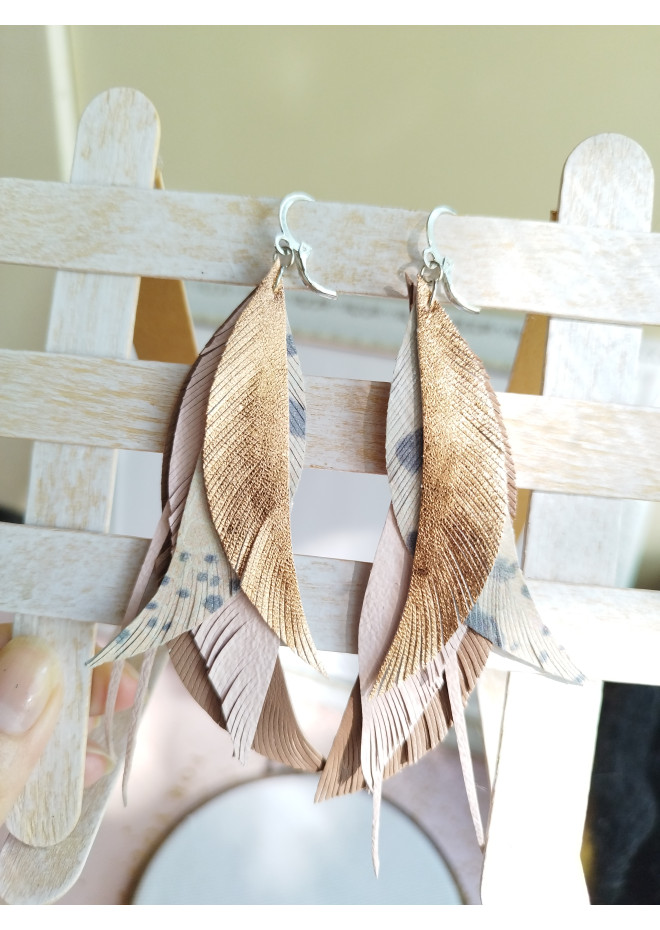 long leather feather earrings genuine leather jewelry rose gold  beige
