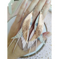 long leather feather earrings genuine leather jewelry rose gold  beige