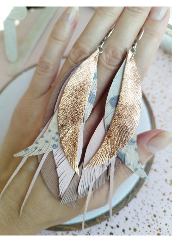 long leather feather earrings genuine leather jewelry rose gold  beige