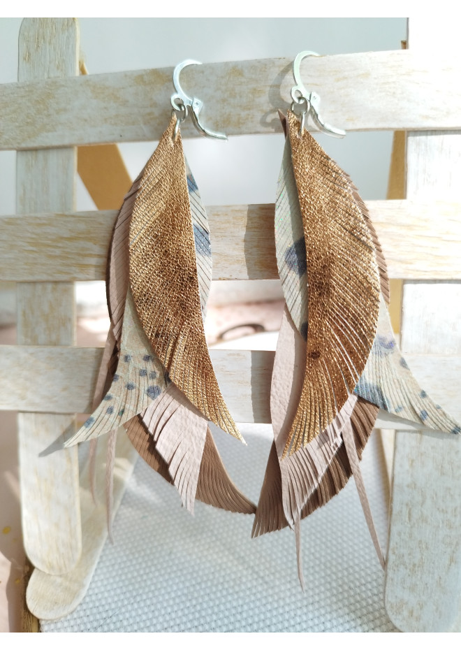 long leather feather earrings genuine leather jewelry rose gold  beige