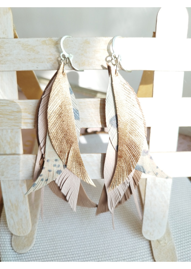 long leather feather earrings genuine leather jewelry rose gold  beige