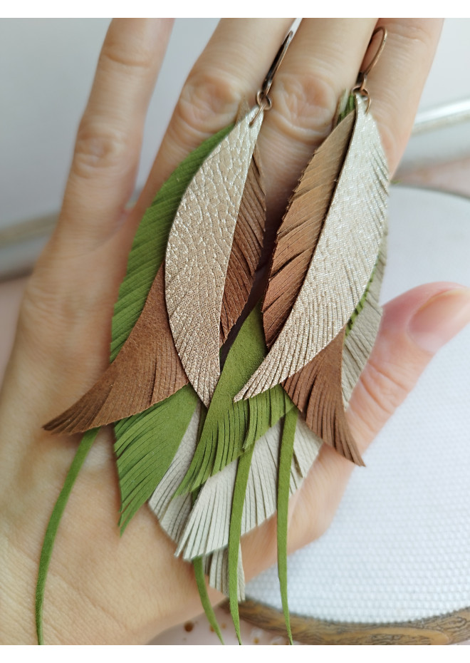 long leather feather earrings genuine leather jewelry olive beige