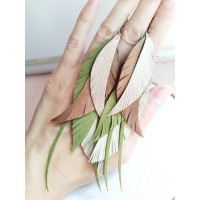Olive brown leather feather earrings.  