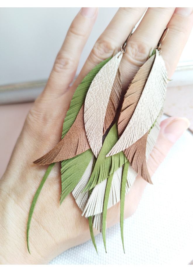 long leather feather earrings genuine leather jewelry olive beige