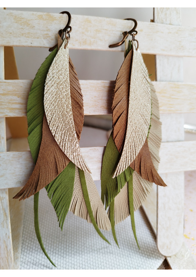 long leather feather earrings genuine leather jewelry olive beige