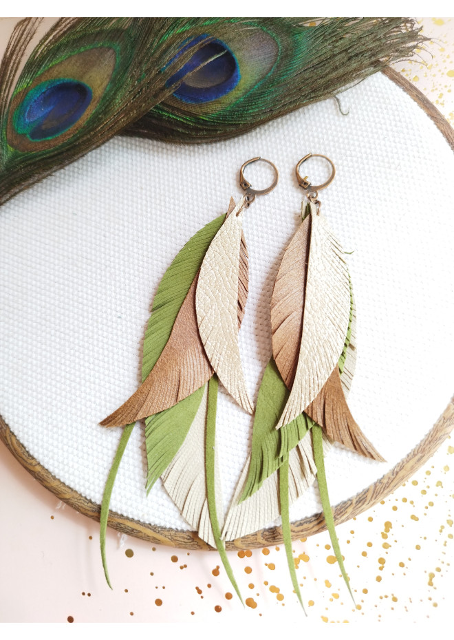 long leather feather earrings genuine leather jewelry olive beige