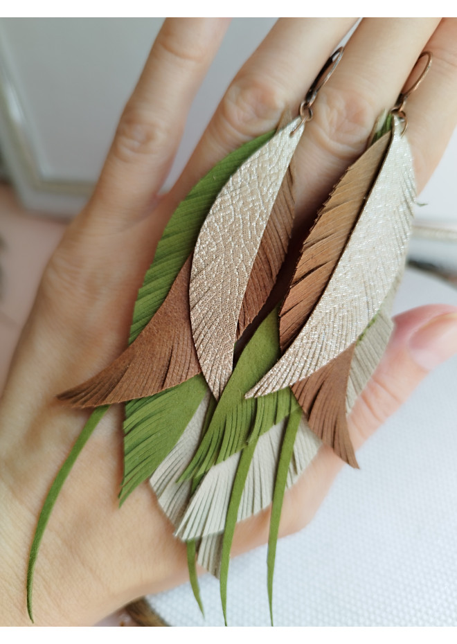 long leather feather earrings genuine leather jewelry olive beige