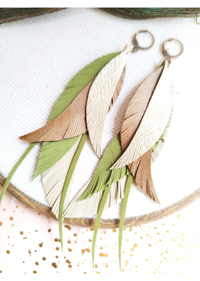 long leather feather earrings genuine leather jewelry olive beige