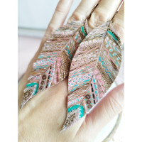 Hand painted native print leather feather earrings.