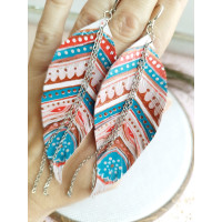 Hand painted blue pink leather feather earrings.
