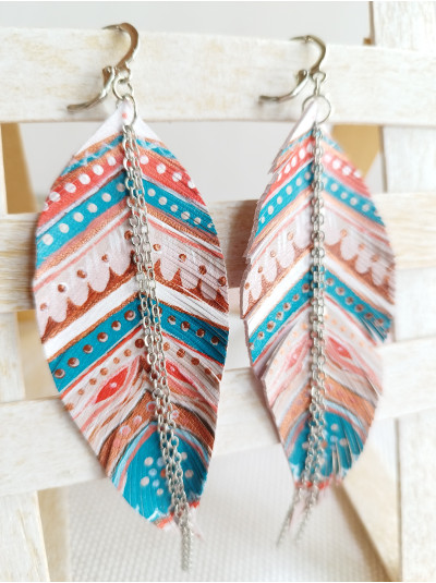 Hand painted blue pink leather feather earrings.
