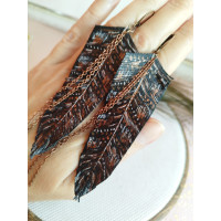 Hand painted black print leather feather earrings.