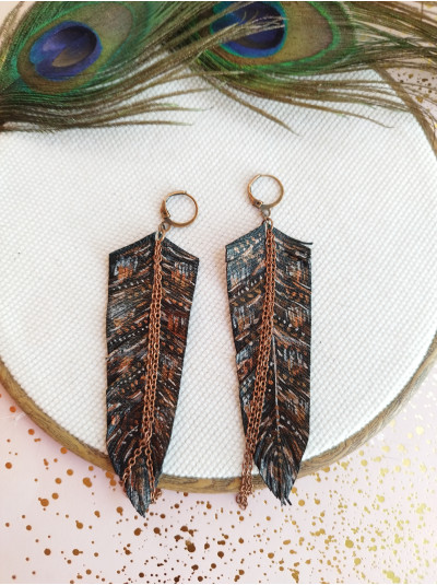 Hand painted black print leather feather earrings.