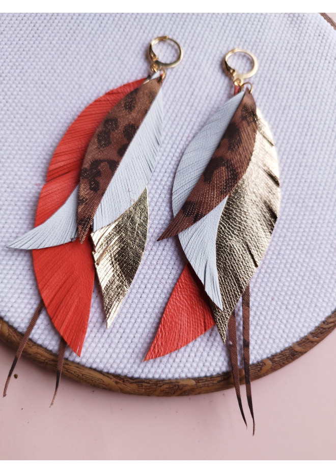 long leather feather earrings genuine leather jewelry brown white 