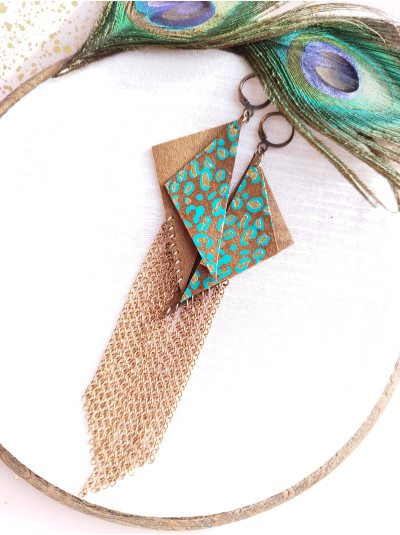 Brown chain fringe leather earrings,  handmade genuine leather jewelry.