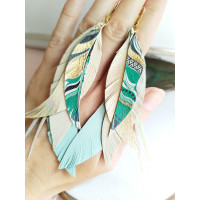 Beige mint leather feather earrings.  