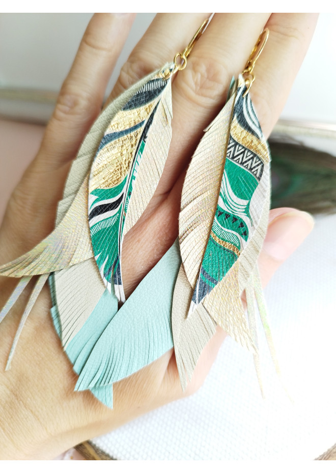 long leather feather earrings genuine leather jewelry mint beige