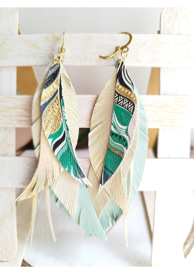 long leather feather earrings genuine leather jewelry mint beige